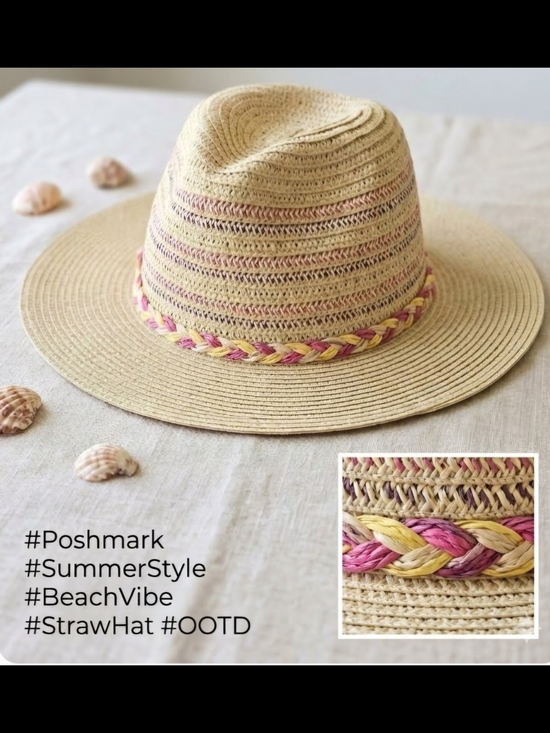 None Accessories - Fedora Braided Sun Hat Pink Yellow Braided Band Cream Tan Festival Vacation